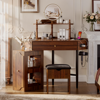 Sunvega Corner Vanity Desk Set with Storage Stool Charging Station and Glass Tabletop