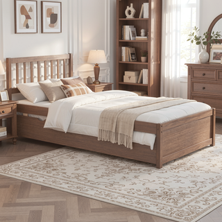 Sunvega Modern Walnut Twin Size Platform Bed Frame with Trundle for Space Saving