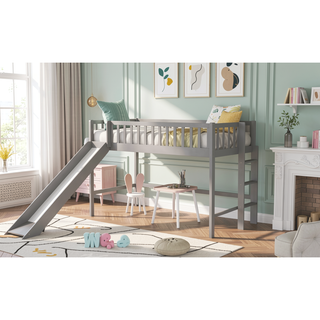 Sunvega Twin Size Low Loft Bed with Slide and Space Saving Ladder in Gray