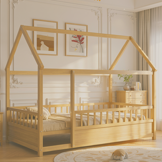 Sunvega Twin Size Floor Wooden Bed with House Roof Frame and Fence Guardrails