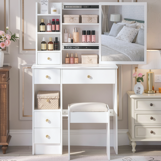 Sunvega Small Size Left Drawer Vanity Table with Adjustable LED Mirror and Stool