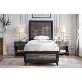 Sunvega Two-Tone Dark Gray and Black Queen Size Bed with Wood Inlay