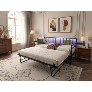 Sunvega Twin Daybed with Trundle Farmhouse Frame Sliding Barn Door Headboard Charging Station