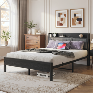 Sunvega Full Size Bed Frame with Storage Headboard and Charging Station Outlets