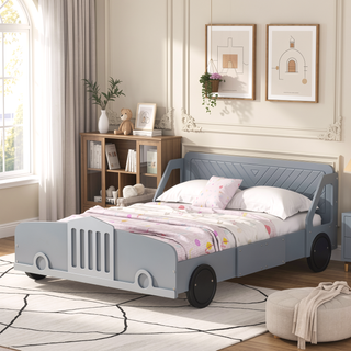 Sunvega Blue Twin Size Car-Shaped Platform Bed with Wheels for Kids