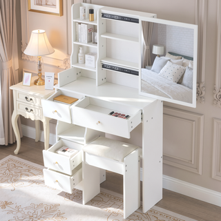 Sunvega Small Size Left Drawer Vanity Table with Adjustable LED Mirror and Stool