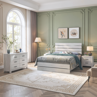 Sunvega Barrel Oak Slatted Headboard Queen Panel Bed with Matching Footboard