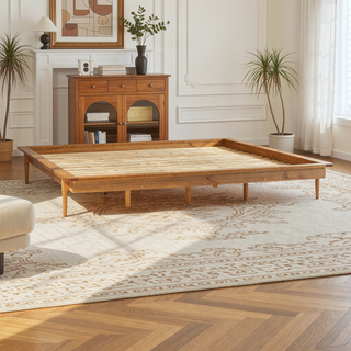 Sunvega Mid-Century Modern King Platform Bed Frame in Caramel Solid Pine Wood