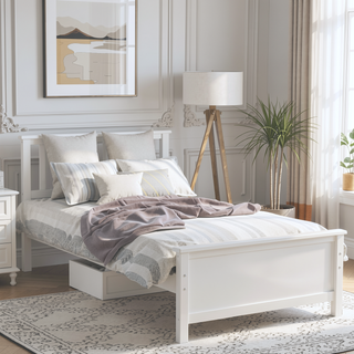 Sunvega White Twin Size Wood Platform Bed with Headboard and Sturdy Wood Slat Support