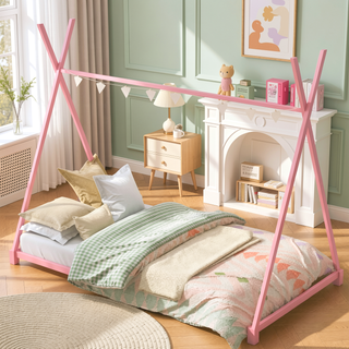 Sunvega Pink Twin Size House Platform Bed with Sturdy Triangle Structure