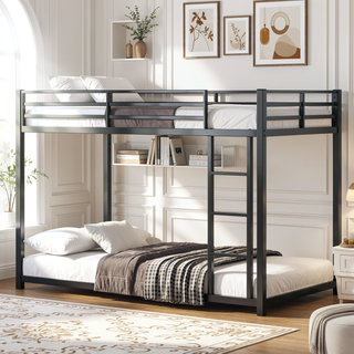 Sunvega Low Twin Over Twin Metal Bunk Bed Frame with Ladder and Guardrail