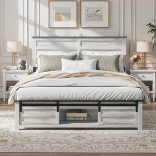 Sunvega Queen Bed Frame with Upholstered Headboard and LED Lighting Charging Station