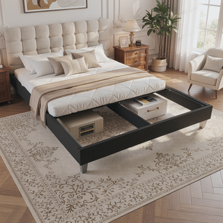 Sunvega Easy Assembly Modern Faux-Wood Legs Fabric Covered Twin Bed Frame