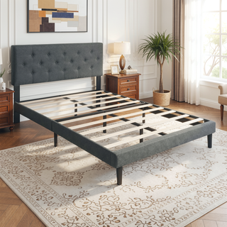 Sunvega Modern Upholstered Platform Bed Frame with Button Tufted Linen Headboard