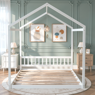 Sunvega Queen Size White House Shaped Bed with Headboard Made of Pine Wood