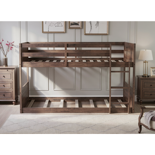 Sunvega Twin Over Twin Bunk Bed with Vintage Panelled Headboard and Safety Guardrails