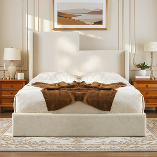 Sunvega Minimalist Upholstered Wingback Bed Frame with 54 Inch Headboard in Textured Ivory Canvas Chenille