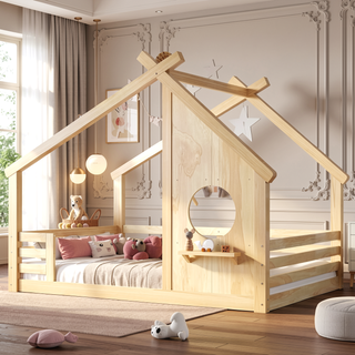 Sunvega White Twin House Floor Bed with Window and Shelf for Kids Room