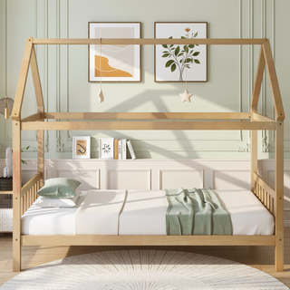 Sunvega Twin Rubber Wood House Bed with Headboard and Footboard in Light Grey