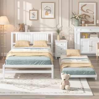 Sunvega Full Size Platform Bed with Adjustable Trundle and Headboard in Gray