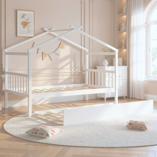 Sunvega Twin Size Wooden House Bed with Trundle and Headboard for Kids Room