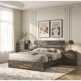 Sunvega Rustic Queen Platform Bed Slat Headboard with Brown Finish Wood Veneers