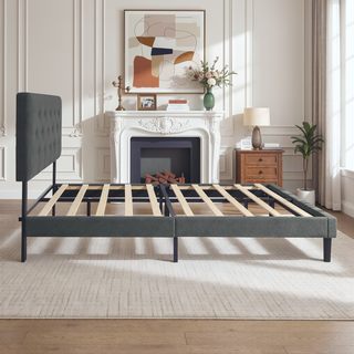 Sunvega Modern Upholstered Platform Bed Frame with Button Tufted Linen Headboard