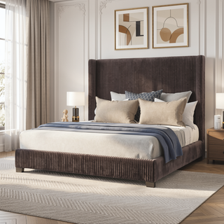 Sunvega Queen Upholstered Pleated Bed in a Box with Sturdy Dark Brown Frame