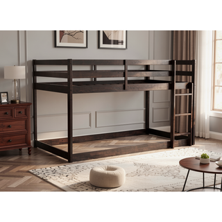 Sunvega Twin over Twin Floor Bunk Bed with Ladder and Strengthened Slats in Espresso