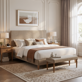 Sunvega Antique White Polyester Upholstered Cane-Back Platform Bed with Birch Frame