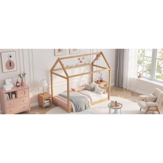 Sunvega Twin Size Gray Wooden House Bed with Eaves Design for Kids Room
