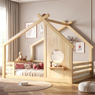 Sunvega White Twin House Floor Bed with Window and Shelf for Kids Room