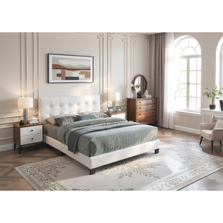 Sunvega Modern Faux Leather Queen Size Bed with Rectangle Headboard and Support Legs