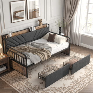 Sunvega Twin Daybed with Trundle Farmhouse Frame Sliding Barn Door Headboard Charging Station