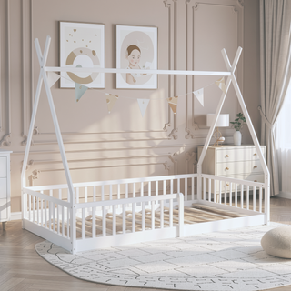 Sunvega White Distressed Washed Wood House Bed with Fence for Kids Twin Size