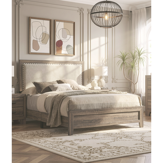 Sunvega Brown Cherry Finish Contemporary Fabric Panel Bed in One Box