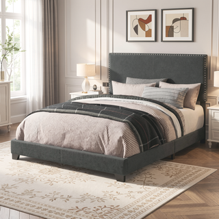 Sunvega Full Bed with Nailhead Trim and Solid Wood Legs in Modern Black Finish