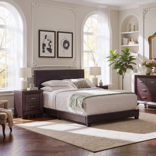 Sunvega Warwick Brown Upholstered Eastern King Panel Bed with Solid Wood Legs and Padded Frame
