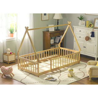 Sunvega Twin Tent Teepee Bed with Guardrails Slats and Door in Grey