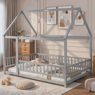 Sunvega Full Size Floor Wooden Bed with House Roof Frame and Fence Guardrails