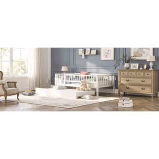Sunvega Natural Twin Size Wood Daybed with Trundle and Fence Guardrails