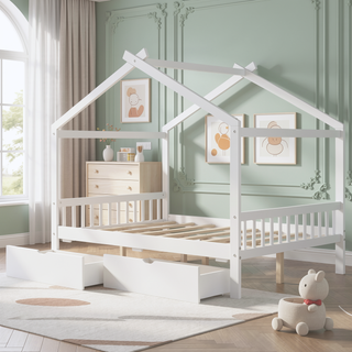 Sunvega Natural Wood Full Size House Platform Bed with Two Storage Drawers