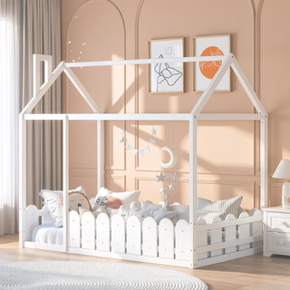 Sunvega Twin Size House Bed Frame with Fence and Roof for Kids and Teens