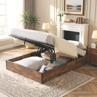 Sunvega Full Size Lift Up Storage Bed Frame with Bookcase Headboard and LED Lights