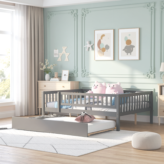Sunvega Natural Twin Size Wood Daybed with Trundle and Fence Guardrails