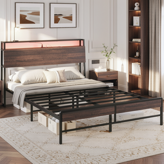 Sunvega Queen Bed Frame with Headboard LED Lights Charging Station 3-Tier Storage Shelf