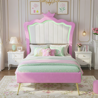 Sunvega Twin Size Princess Bed Frame with Crown Headboard and LED Lights