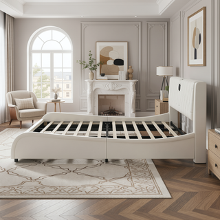 Sunvega Queen Size Faux Leather Platform Bed with RGB LED Lights Bluetooth Speakers