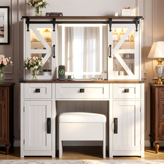 Sunvega Makeup Vanity with Sliding Mirror, LED Lights, Storage Stool, and Charging Station