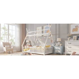 Sunvega Full Size Low Profile House Bed with LED Light Roof and Safety Fence